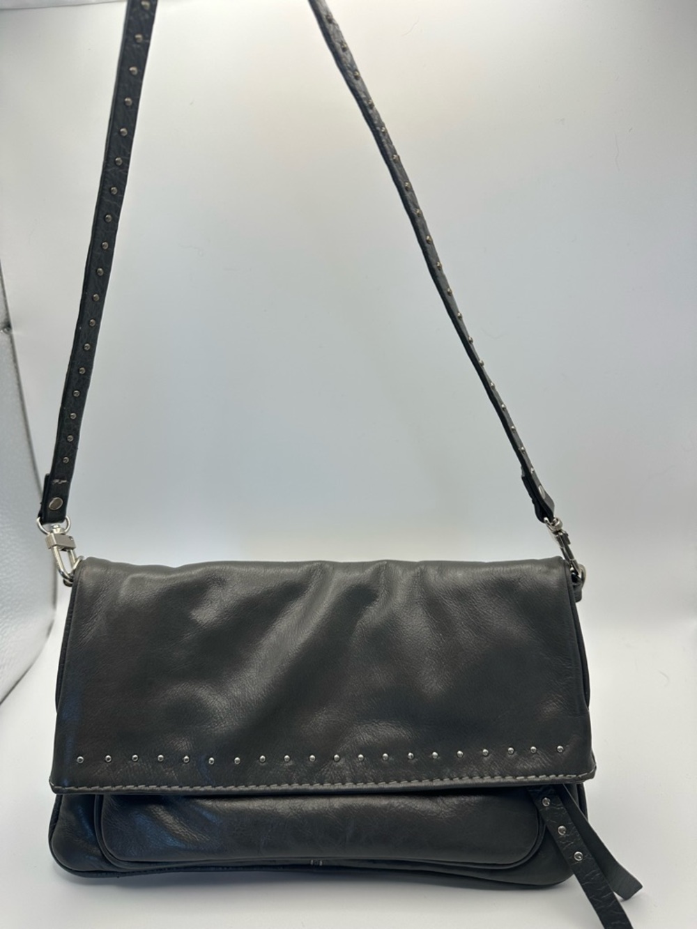 latico Grey Leather Stud-Trim Clutch with Detachable Strap